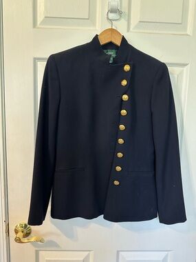 Ralph Lauren Navy Wool Military-Inspired Blazer with Gold Buttons